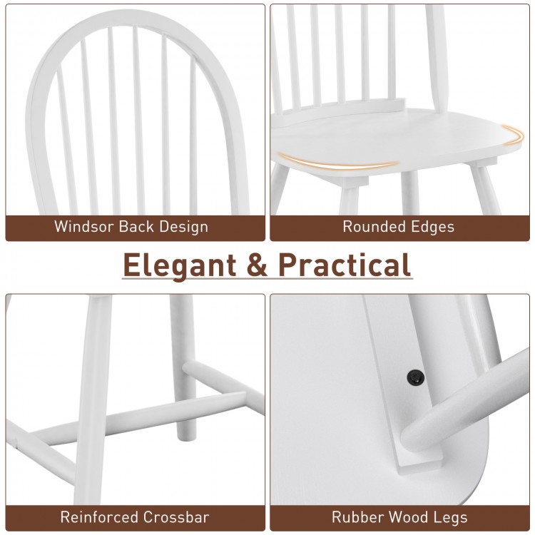 Vintage Windsor wood chair with spindle back, white finish, ergonomic seat, and reinforced structure for dining rooms.